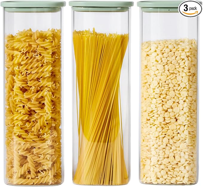 Square Glass Pasta Containers Storage 2.5 Qt Set of 3, Spaghetti Container Storage for Pasta, Nuts, Cereal, Flour, Organize Your Kitchen with these BPA-Free Glass Jars with Lids