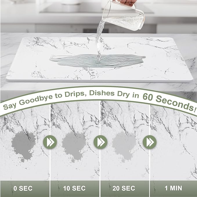 Large Stone Drying Mat for Kitchen Counter, 24" × 16" Diatomite Dish Drying Mat, Ultra Absorbent Diatomaceous Earth Dry Stone Mats with Dish Rack for Dished, Bottles, White Marble