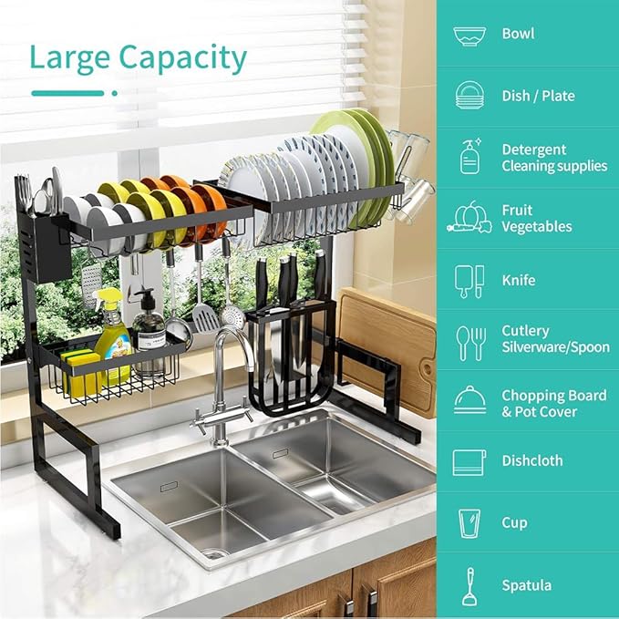 Eimolife Over Sink Dish Drying Rack, 2-Tier Adjustable, Stainless Steel Kitchen Counter Organizer with Hooks, Black