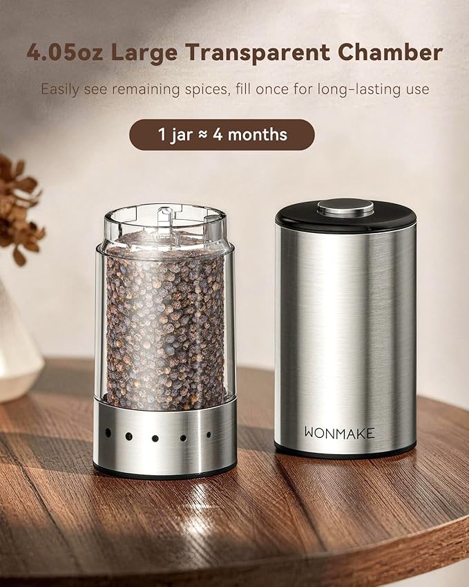 Electric Salt and Pepper Grinder Set, Type-C Rechargeable with LED Battery Level Display, Stainless Steel Salt and Pepper Shakers with Storage Base, Top Button Design, 5 Adjustable Coarseness Levels