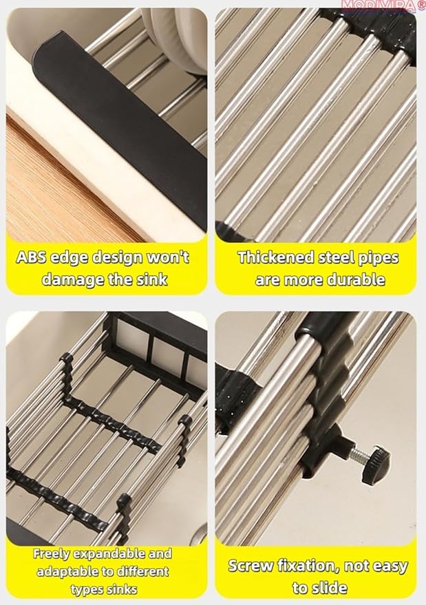 Kitchen Sink Drain Basket Adjustable Over Dish Drying Rack Stainless Steel Drain Basket for Vegetables Fruits Plates Fruits (Black,Small)