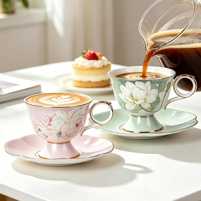 KAMMAK Ceramic Coffee Cups Saucers Set of 2, Porcelain Espresso Cup with Saucer, 8.12 oz Handmade Elegant Bone China Tea Cups, Ceramic Floral Pattern Demitasse Cup for Latte, Americano, Cappuccino