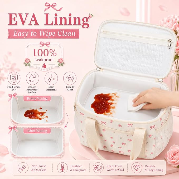 BTOOP Insulated Lunch Box for Women, Cute Leakproof Lunch Tote, Large Capacity Aesthetic Lunch Bag Girls with Shoulder Strap for Work, School, Picnic Pink Bow Floral
