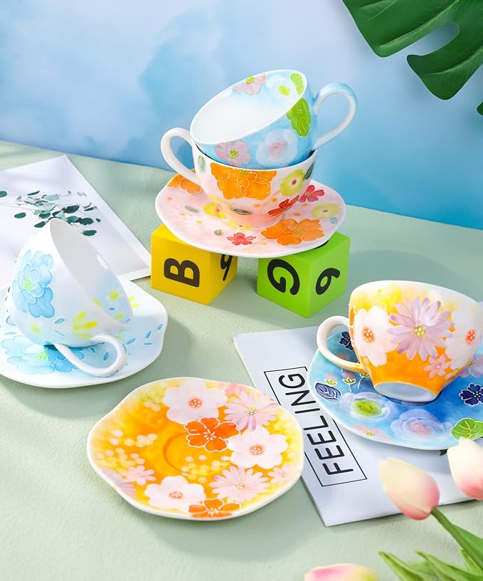 Noviko Flower Coffee Mug with Saucer Set Ceramic Tea Cup Flower Mugs for Women 8 oz