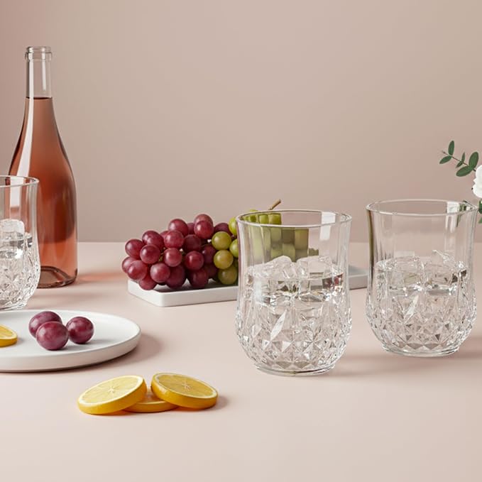 40 Pack Plastic Stemless Wine Glasses,12oz Unbreakable Vintage Elegant Drinking Glass Set,Reusable Fancy Cocktail Cups for Party, Wedding, and Bulk Events (40, 12oz-Transparent)