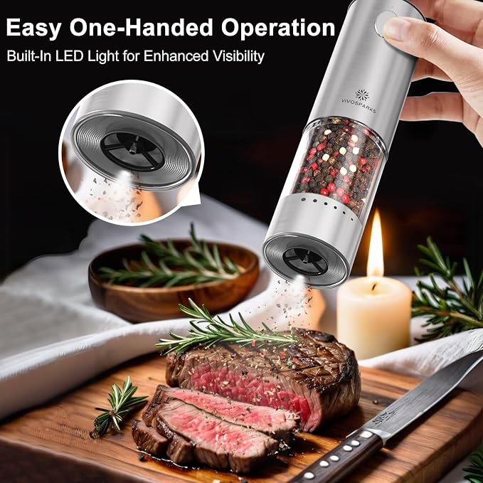 Electric Salt and Pepper Grinder Set, Rechargeable 2-Speed Automatic Mills | USB-C rechargeable, 2 speeds, one-hand automatic, 6 coarseness levels, top-fill 3.2oz, storage base, stainless steel, LED