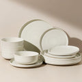 12-Piece Stoneware Dinnerware Sets, Service for 4 - Speckled Glaze with Spiral Design – Farmhouse Coupe Plates and Bowls - Chip & Scratch Resistant, Microwave & Dishwasher Safe, Cream