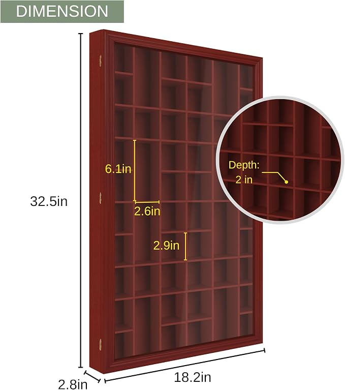 Shot Glass Display Cabinet Solid Wood - Large Display Case for Collectibles | Man Cave Accessories | UV Protection Acrylic Door | Wall Mounted Black Shadow Box | 52 Slots | 32"x17" Mahogany