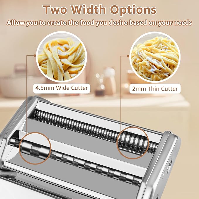 Pasta Maker - 7 Thickness Settings Pasta Roller & 2-in-1 Cutter, Stainless Steel Pasta Machine for Spaghetti, Fettuccine, Ravioli, Lasagna - Includes Hand Crank & Table Clamp