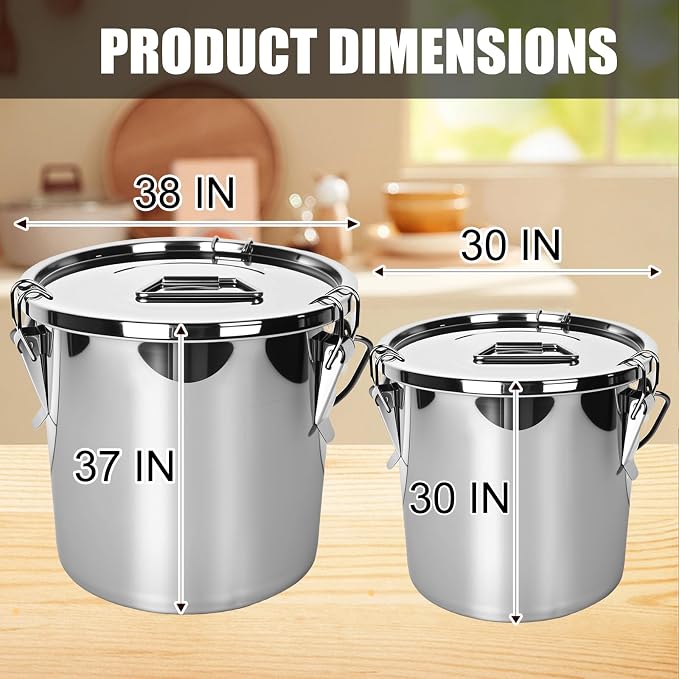 FULIYE 21L/5.6GAL and 34L/9GAL Stainless Steel Airtight Canister, Food Storage Canisters with Airtight Lid&Locking Clamp Rice Cereal Grain Canisters, Storager Bucket for Flour, Coffee Bean, Sugar