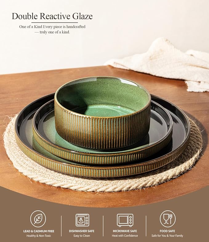 GBHOME 12-Piece Stoneware Dinnerware Set for 4 – Ribbed Ceramic Plates and Bowls, Scratch-Resistant, Microwave & Dishwasher Safe, Reactive Glaze, Rustic Green Gradient