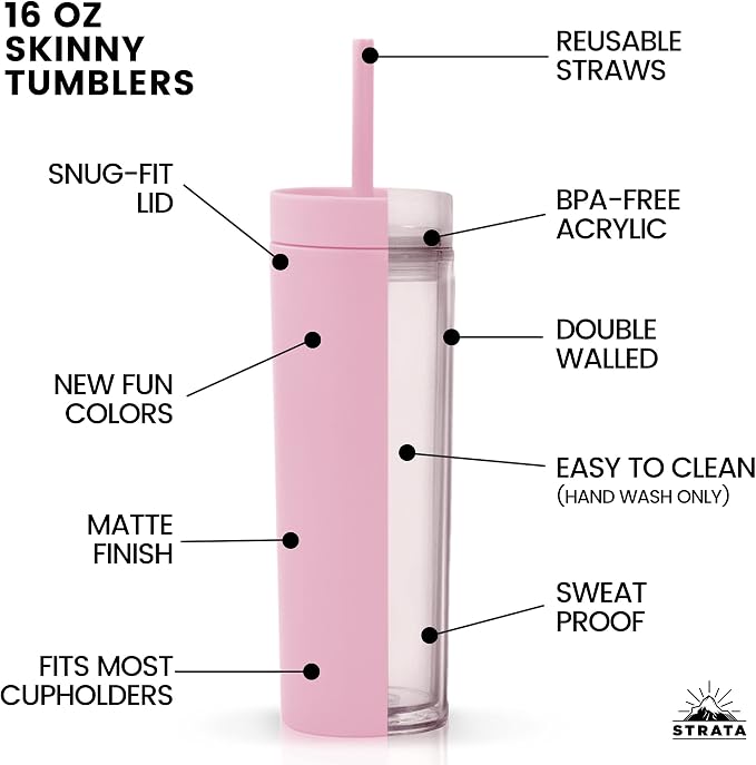 STRATA CUPS Pink Skinny Tumblers with Lids and Straws (12 pack) - 16oz Double Wall Acrylic Tumbler, Tall Matte Skinny Tumblers, Bulk with Free Straw Cleaner, Reusable Cups