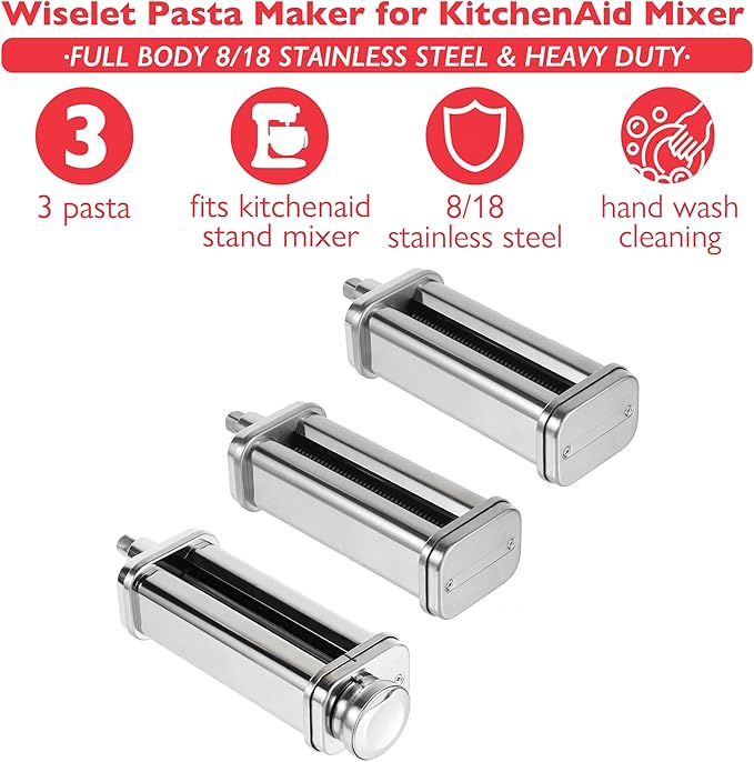 Wiselet Pasta Maker Attachment for KitchenAid Stand Mixer, 3 Pieces Pasta Roller Attachments, Full Body Stainless Steel and Heavy Duty, Homemade Spaghetti, Fettucine and Lasagne…