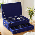Pickmesh Silverware Case with Lid and Handle, Silverware Storage Box Sterling Silver Flatware Chest Without Silver Tarnish Proof Utensils Organizer for Kitchen Decor Wedding Gifts (Royal Blue,2 Layer)