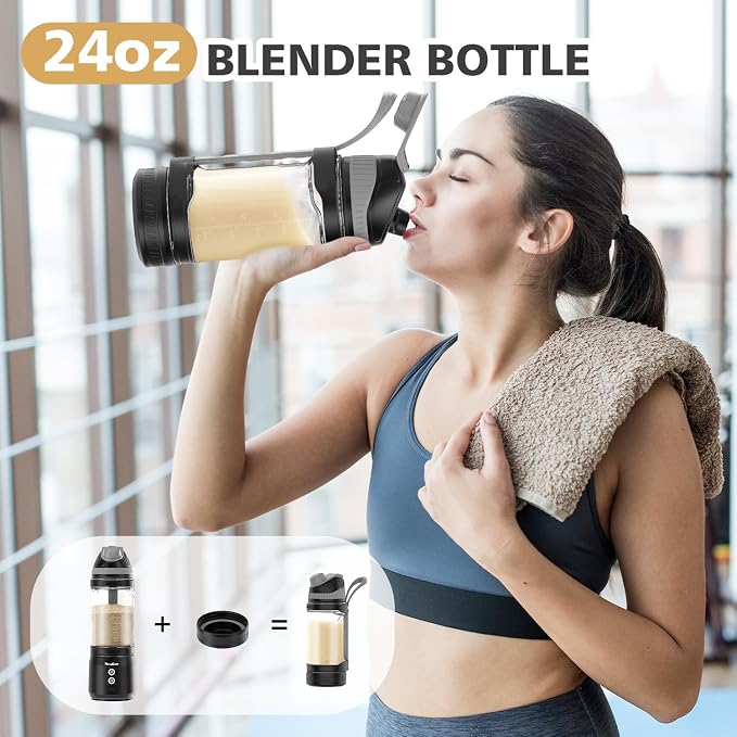 Portable Personal Blender for Smoothies, Protein Shakes, Frozen Drinks - 24Oz Blender Cup Bottle with Sip Spout, Travel Lid, USB-C Rechargeable, Cordless - Mini Small Blenders for Kitchen, Gym, Office