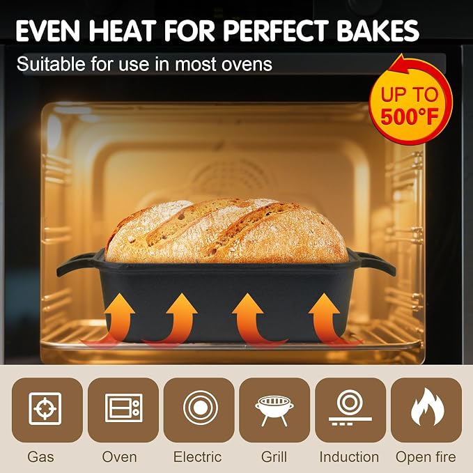 Demine Cast Iron Loaf Pan with Lid 9x5 Inch – Dutch Oven Bread Pan for Sourdough, Banana Bread, Meatloaf – Even Heat, Non-Stick, Oven Safe Baking Pans