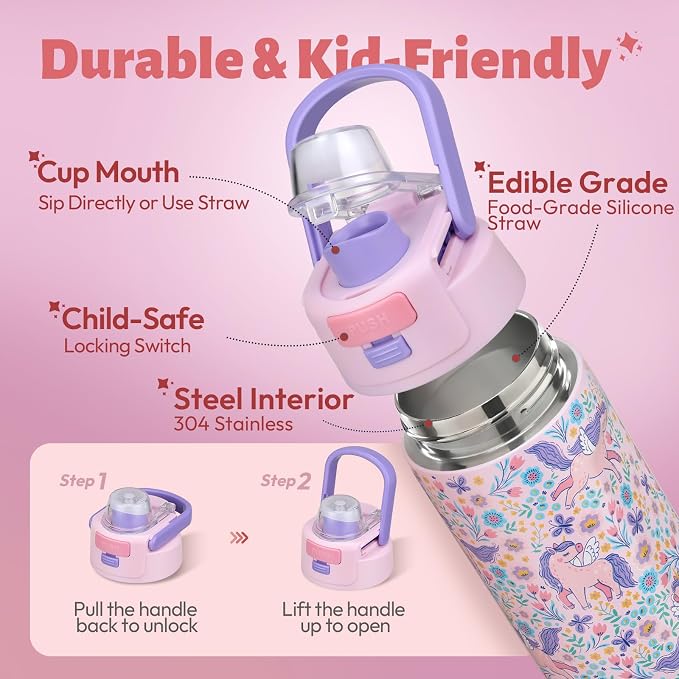 Itslife Bento Box for Kids Set, Insulated Food Container,Kids Lunch Box, 7 oz Thermos for Hot Food, 12 oz Thermos Water Bottle, Reusable Insulated Ice Bag & Fork Spoon Utensils Camping Travel Pink