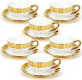 6 Pack 100ml Espresso Coffee Cups with Saucers, White Porcelain with Gold Electroplated Brushstroke Rim, Pumpkin Textured Ceramic Tea Cup Set for Cappuccino, Latte, Tea, Juice, Home & Party Use