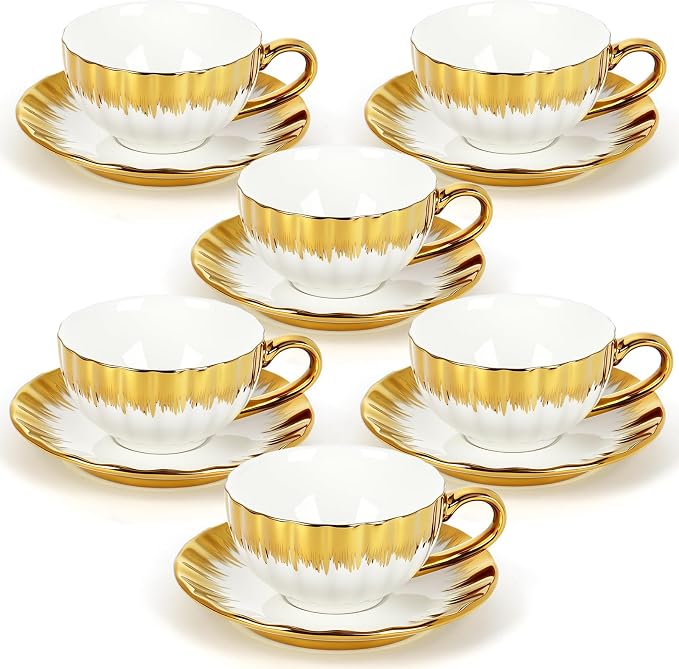 6 Pack 100ml Espresso Coffee Cups with Saucers, White Porcelain with Gold Electroplated Brushstroke Rim, Pumpkin Textured Ceramic Tea Cup Set for Cappuccino, Latte, Tea, Juice, Home & Party Use