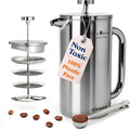 Non-Toxic Stainless Steel French Press, No Plastic or Heavy Metals, 34 oz | Surgical-grade steel. 4-layer filter. Double-wall insulated, stays hot for longer. Measure marks. Dishwasher safe. Portable.