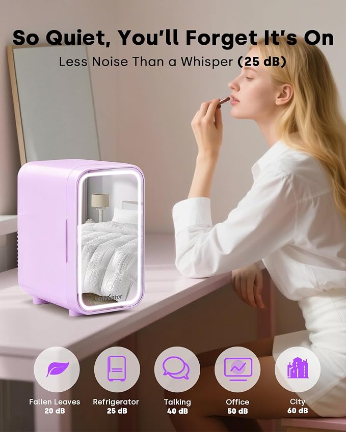 Enventor Mini Skincare Fridge Small Refrigerator for Bedroom, Beauty Fridge for Makeup with Dimmable LED Mirror, 6 L / 8 Cans Compact Portable Cooler for College Dorm, Office, Car, Purple