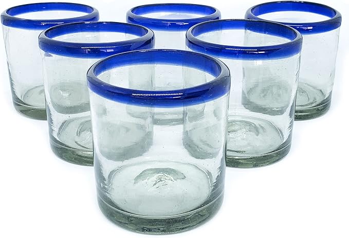 Cobalt Blue Rim 8 oz DOF Rock Glasses (set of 6), Recycled Glass, Lead-free, Toxin-Free (DOF Rocks)