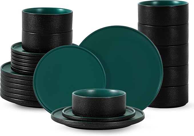 24 Piece Dinnerware Set, Matte Green | Modern Minimalist Stoneware, Plates and Bowls for 8, Dinner Plate, Salad Plate, Cereal Bowl, Microwave and Dishwasher Safe