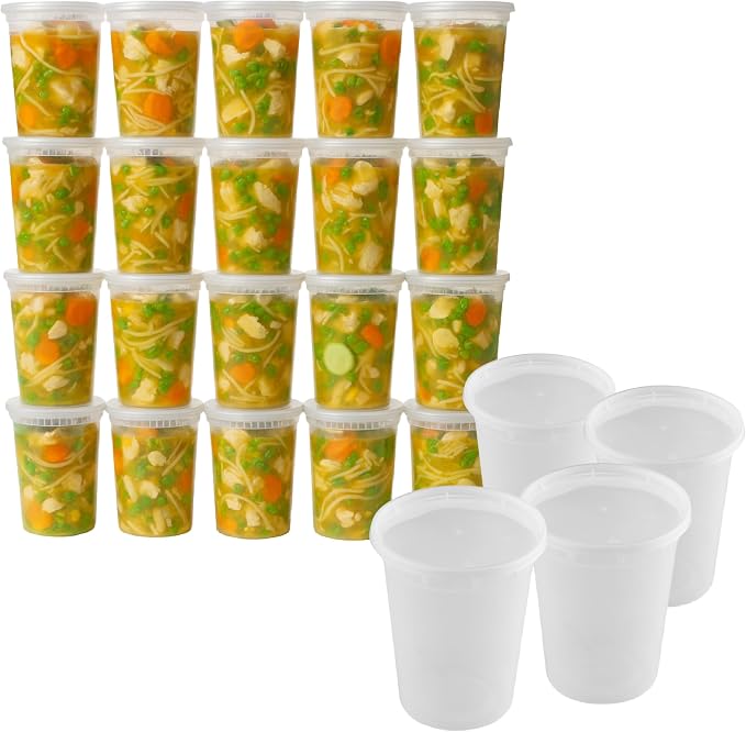 32oz [100 set] Heavy Duty Plastic Deli Container | BPA-Free Food Storage with Airtight Leak‑Proof Lids | Microwave, Freezer & Dishwasher Safe – Stackable, Bulk Reusable Soup & Meal Prep Tub