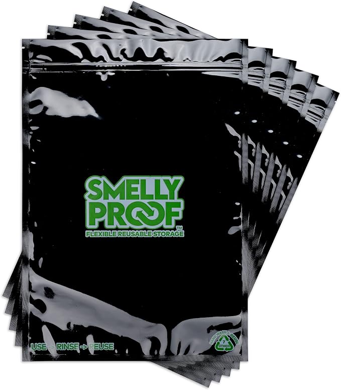 Smelly Proof Reusable Food Storage Container Bags Bundle - USA-Made, NO PEVA & BPA FREE, Easy Clean Dishwasher-Safe Freezer Bags, NO SMELL Triple Zip BLACK 4 mils FLAT, Pack of 25
