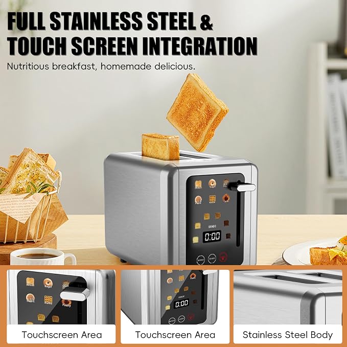 Touch screen Toasters 2 slice,Stainless Steel Digital Timer Toaster with Sound Function,6 Bread Types & 6 Shade Settings,Smart Extra Wide Slots Toaster with Bagel,Defrost Functions,Grey