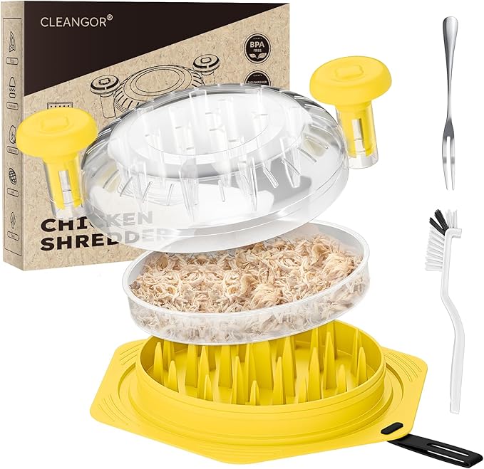 Cleangor Chicken Shredder Tool Twist Large, BPA Free Meat Shredder with Ergonomic Handle, Non-Slip Food Shredder Tool for Pork, Beef, Set of Chicken Breast Shredder with Brush & Fork (1, Yellow)