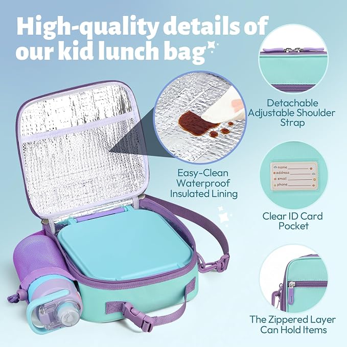 Itslife Bento Lunch Box for Kids Set, insulated food container, 7 oz thermos for hot food, 12 oz thermos water bottle, Reusable Insulated Ice Bag & Fork Spoon Utensils Camping Travel Purple