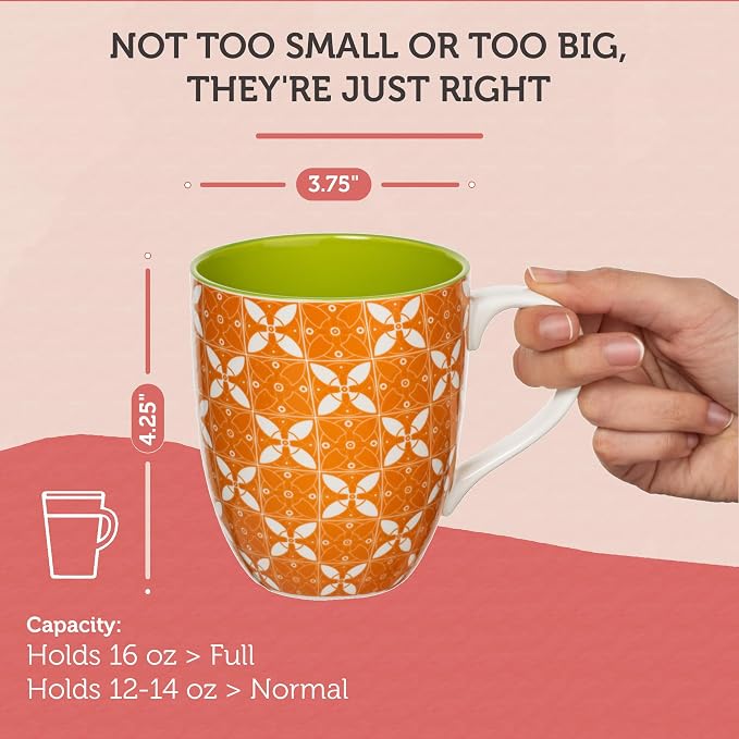 Annovero Large Coffee Mug Set of 6 - Porcelain Cups for Women or Men - Microwave & Dishwasher Safe, Chip Resistant, Zero Lead & Cadmium, for Tea, Cocoa, or Hot Chocolate, 16 Fluid Ounce Capacity
