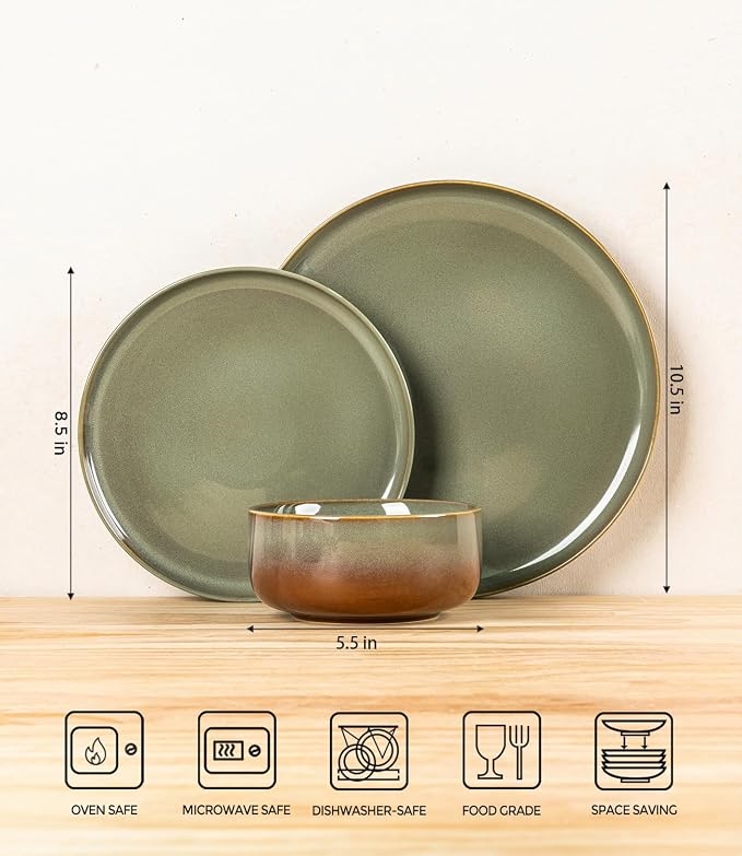 TheTerra Ceramic Dinnerware Sets for 4, 12 Pieces Handmade Reactive Glaze Plates and Bowls Set, Scratch Resistant Dish Set, Oven & Microwave & Dishwasher Safe, Sage Umber | Handmade Reactive Glaze, Scratch Resistant, Oven & Microwave & Dishwasher Safe,...
