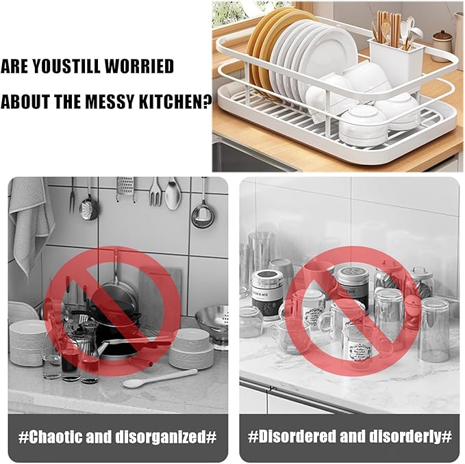 Kitchen Counter Dish Drying Rack,Stainless Steel Dishes Drainer with Utensil Holder,Space-Saving Dish Rack,Removable Plastic Drainer Tray for Dishes, Knives, Spoons (White,No Cup Holder)