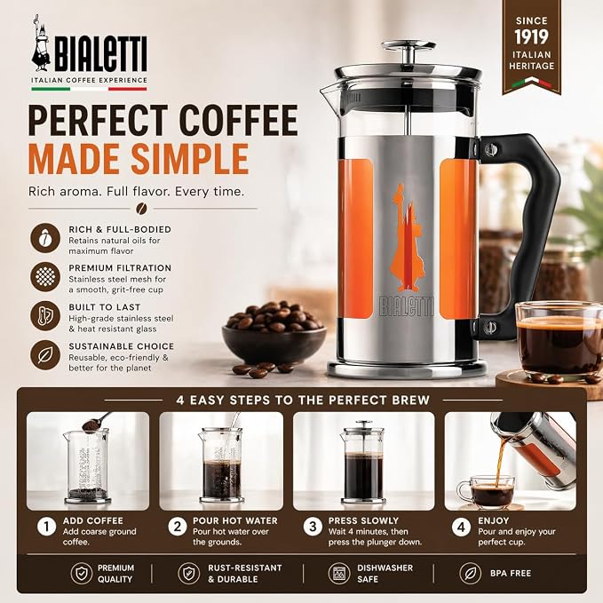 Bialetti Coffeepress French Press Coffee Maker, 8 Cup, Preziosa Stainless Steel (06852)