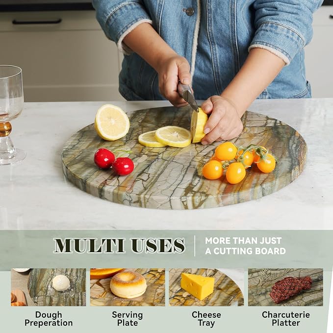 Koville Marble Cutting Board for Kitchen, 16"x16" Inches Round Stone Cutting Board, Marble Tray for Baking Charcuterie Pastry, Serving Tray for Countertop, Large Stone Slab(Pocahodas)