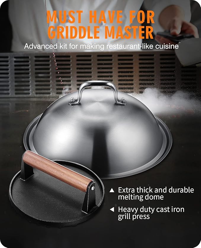 HOMENOTE Griddle Accessories for Blackstone, Commercial Grade 12 Inch Heavy Duty Melting Dome with Round Cast Iron Smash Burger Press Perfect for Flat Top Hibachi Grill Outdoor Indoor