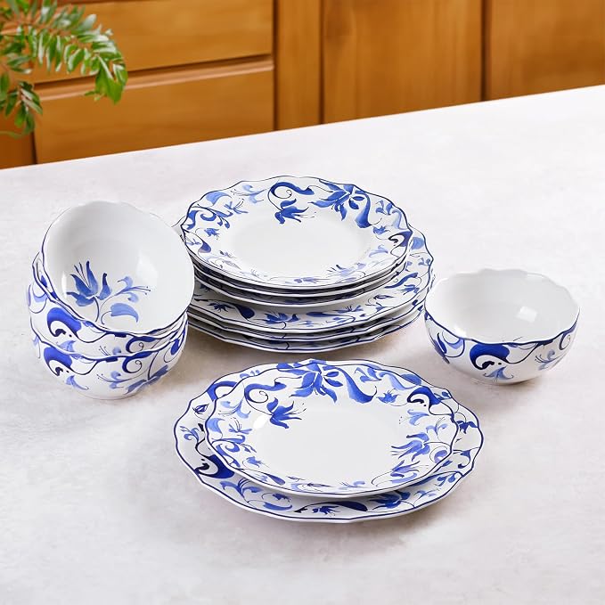 222 Fifth 12-Piece Porcelain Dinnerware Set for 4, Blue & White Plates and Bowls Set, Glossy Ceramic Dish Set with Beautiful Floral Rims, Elegant Kitchen Dishes, Microwave & Dishwasher Safe, Ayla