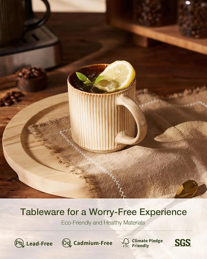 famiware Coffee Mug Set for 4, Star 12 oz Catering Mugs Cup Set with Handle for Coffee, Tea, Cocoa, Milk - Ceramic Stoneware Drinkware Set, Cream Cocoa