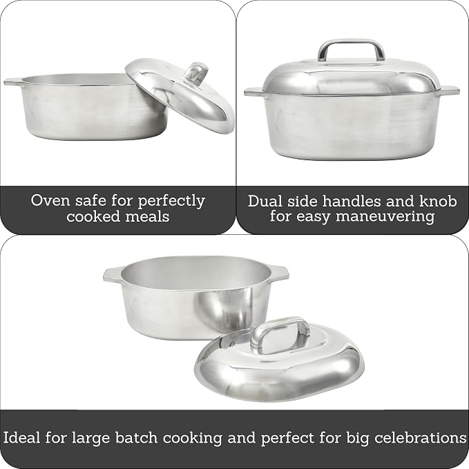 IMUSA 13in Cajun Cast Aluminum Oval Roaster with Lid, Durable Baking and Roasting Pan for Chicken, Meats, and Traditional Cooking (Pack of 2)