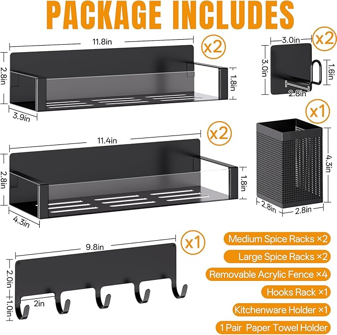 DTUQYX Magnetic Spice Rack for Refrigerator, 8 Pack Clear Plastic Front Metal Magnetic Shelves with Magnet Hooks Rack, Utensil Caddy & Adjustable Paper Towel Holder, No Drill Kitchen Storage Organizer