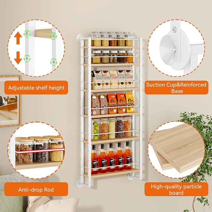 IBUYKE 6 Tier Over The Door Pantry Organizer,Wall Mounted Spice Rack,Door Hanging or Wall,Adjustable Hanging Storage Shelves,Spice Organization for Kitchen cabinet,Bathroom,Closet,Natural UTLJ028R