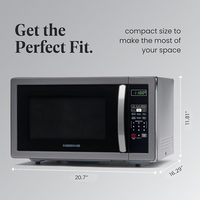 Farberware 1.1 Cu. Ft. Countertop Microwave Oven – 1000 Watts Power, Auto Cook Settings, Defrost, Easy Clean and Child Safety Lock - Stainless and Black