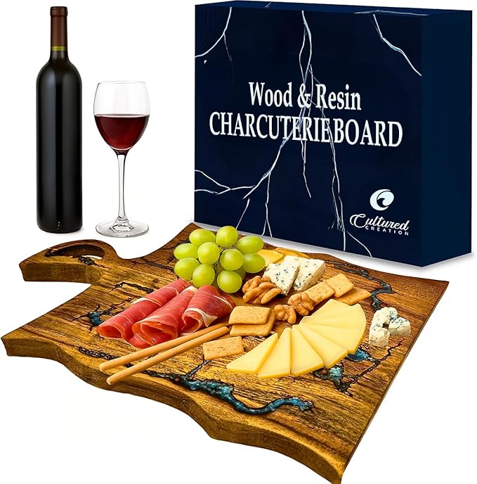 Charcuterie Board – Acacia Wood and Resin Cheese Board - Grazing Platter and Serving Tray for Entertaining - Wedding & Housewarming Gift