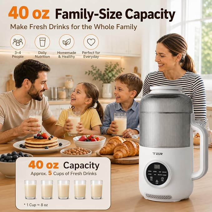 TER 40oz Nut Milk Maker Machine, 10-in-1 Automatic Soy Milk Maker for Almond, Oat & Plant-Based Milk, Self-Cleaning Milk Maker with 12H Delay Start, Keep Warm, Boil Water, Soup & Juice Upgraded