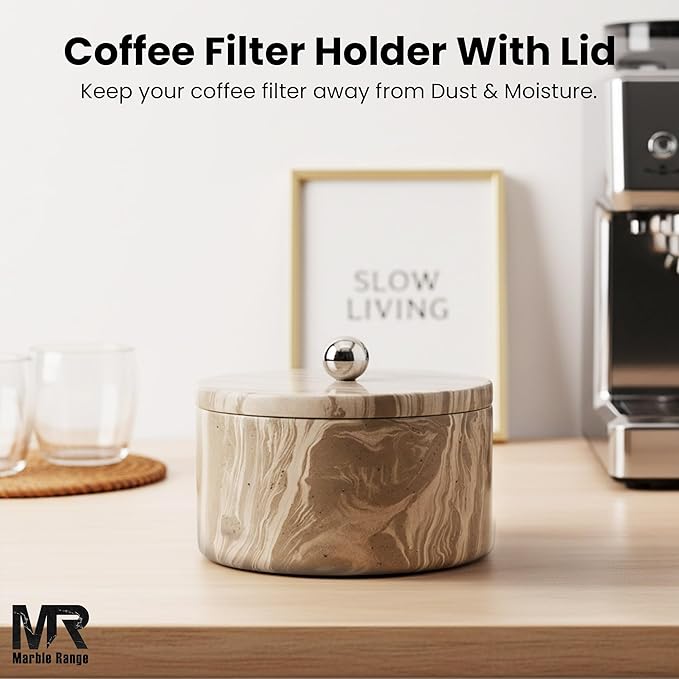 Marble Coffee Filter Holder – 6 inch Handmade Natural Brown Coffee Filter Holder with Lid, Storage Organizer for Kitchen Countertop & Bar Decor