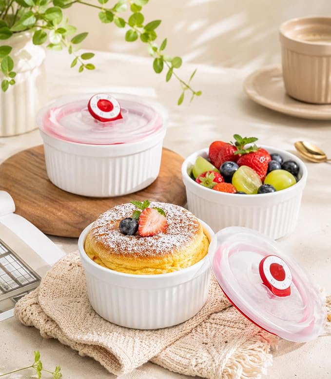 Ramekins 16 oz Oven Safe, Creme Brulee Ramekins with Lids, White Ceramic Souffle Dishes Ramekin, Mini Baking Bowls with Cover Set of 4, Ramekin Assorted Sizes - Dishwasher and Oven Safe, Fathers Day Gift