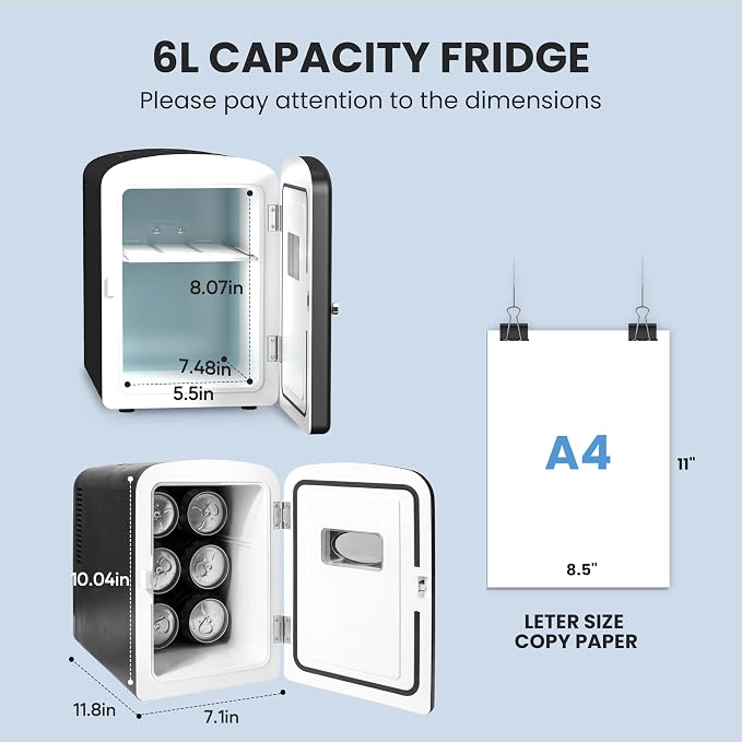 Simple Deluxe 6L/9 Can Mini Fridge with Observation Window, Portable Cooler & Warmer Freon-Free Small Refrigerator, Compact for Skincare, Beverage, Food, Cosmetics, Black