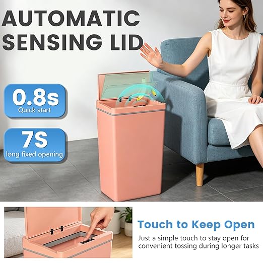 PayLessHere 13 Gallon 50 L Trash Can with Lid Plastic Kitchen Trash Bin Automatic Touch Free Motion Sensor Trash Can (1, Pink)